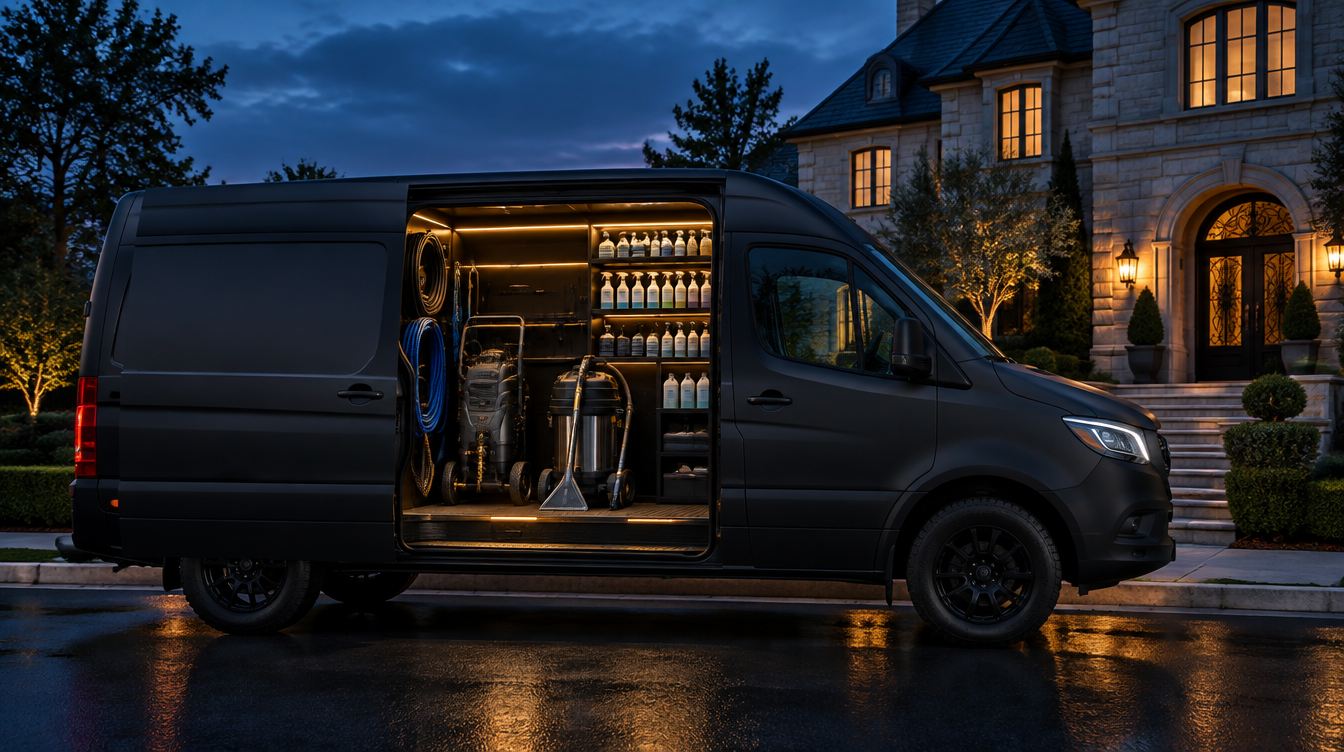 A black detailing van at dusk outside a limestone home, its side door open on neatly racked equipment