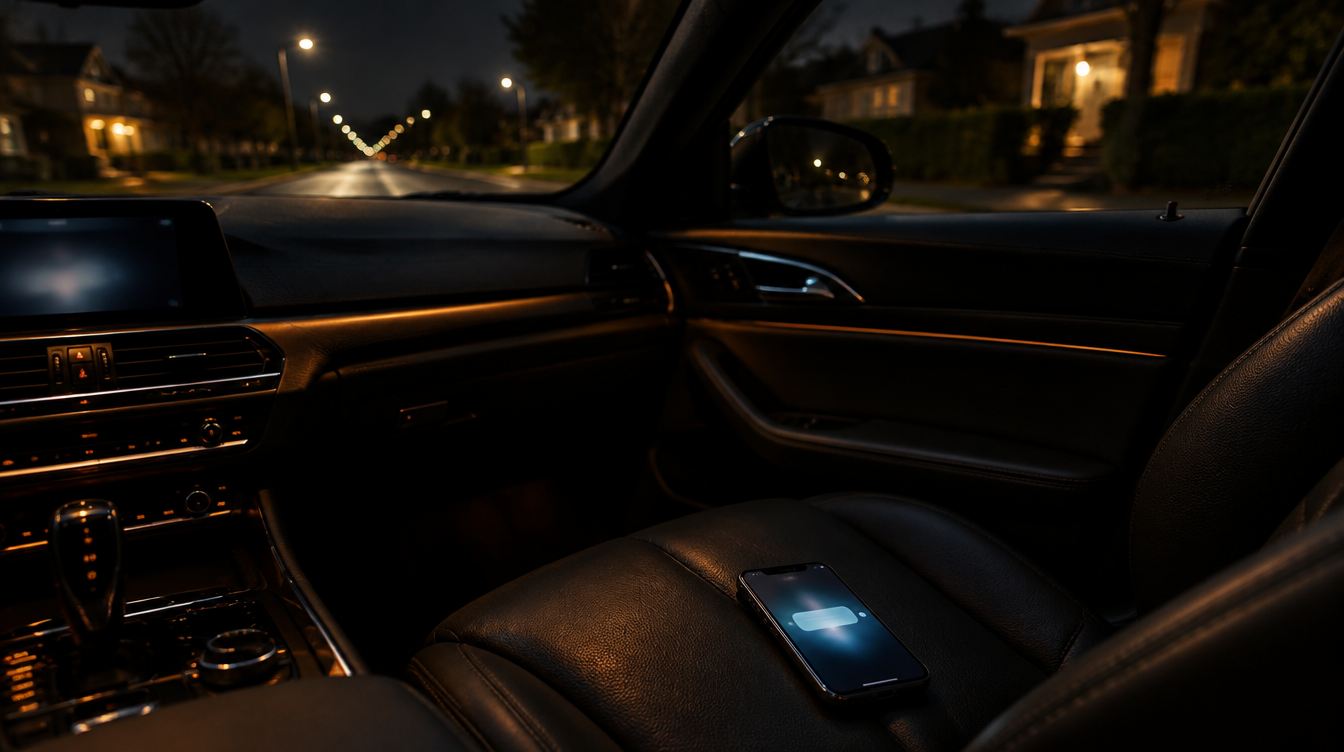 A phone glowing on the passenger seat of a car parked on a quiet residential street at night