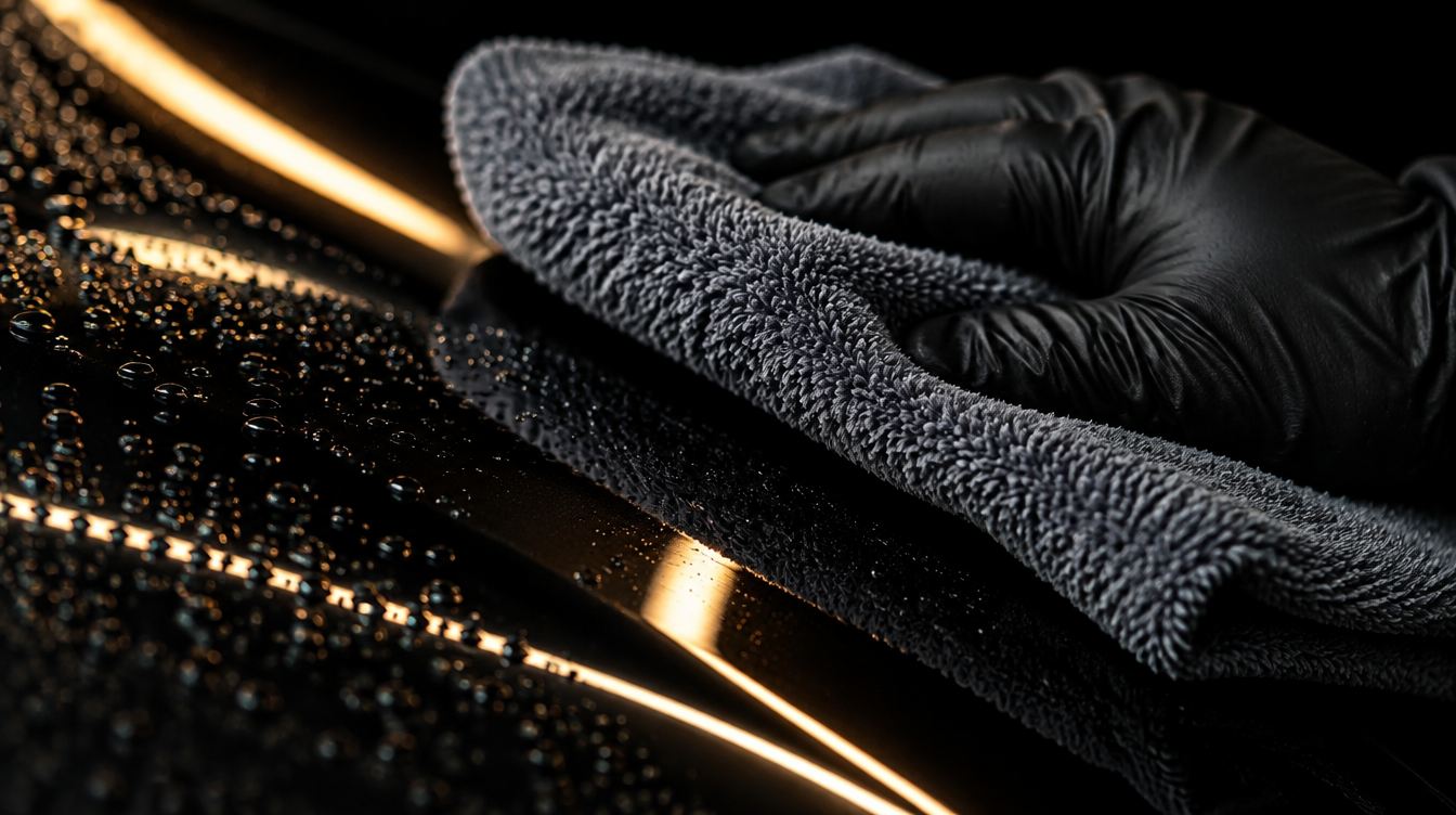 A gloved hand drawing a microfiber towel across glossy black paint