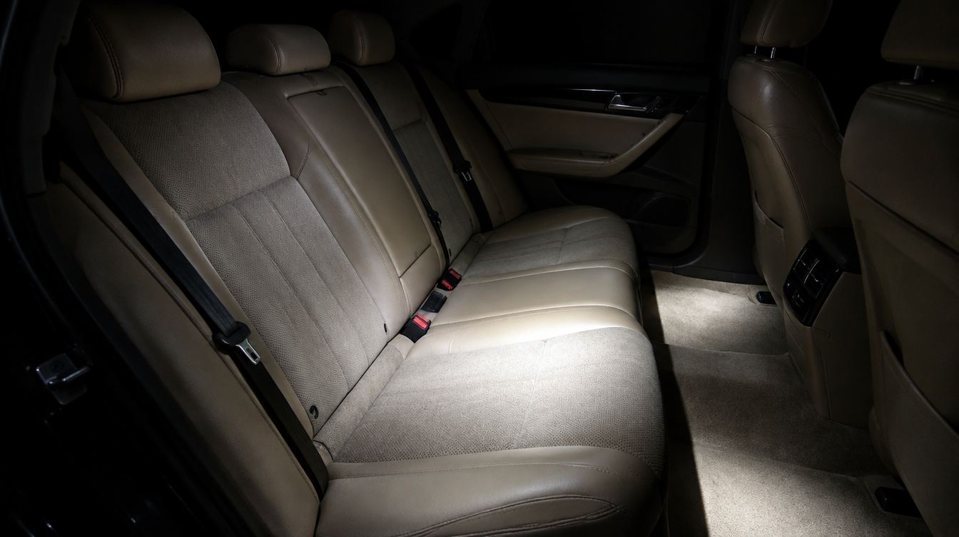 A flashlight beam raking across freshly shampooed rear seats