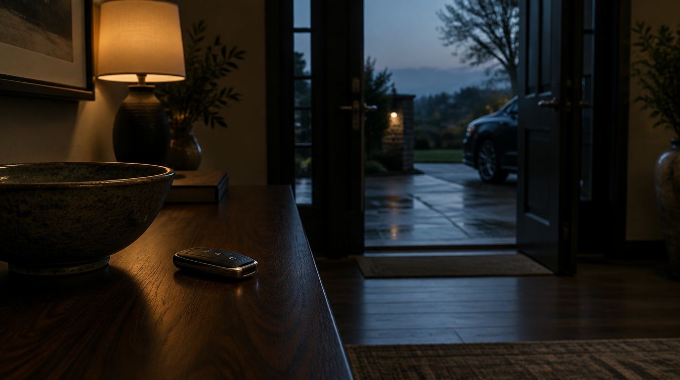 A car key resting on a walnut entryway table beside an open front door at dawn