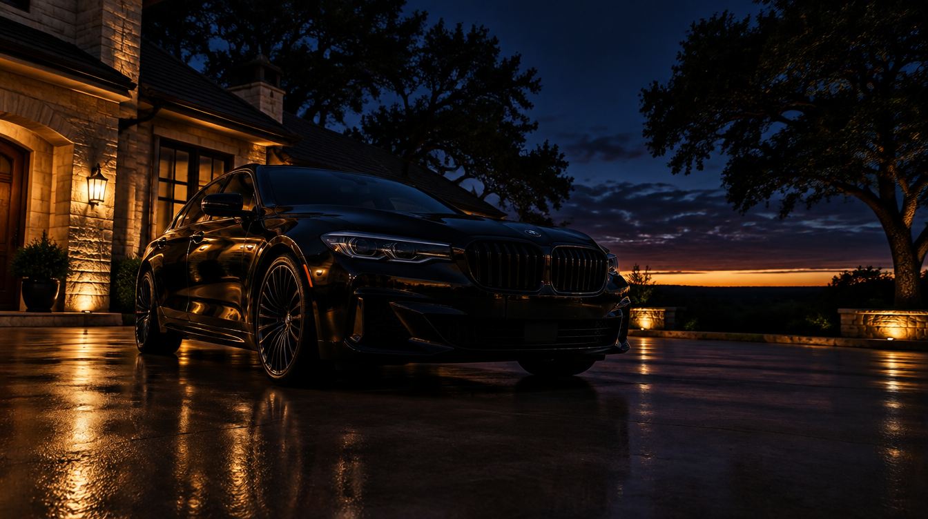 A freshly detailed black sedan in a limestone driveway at dusk