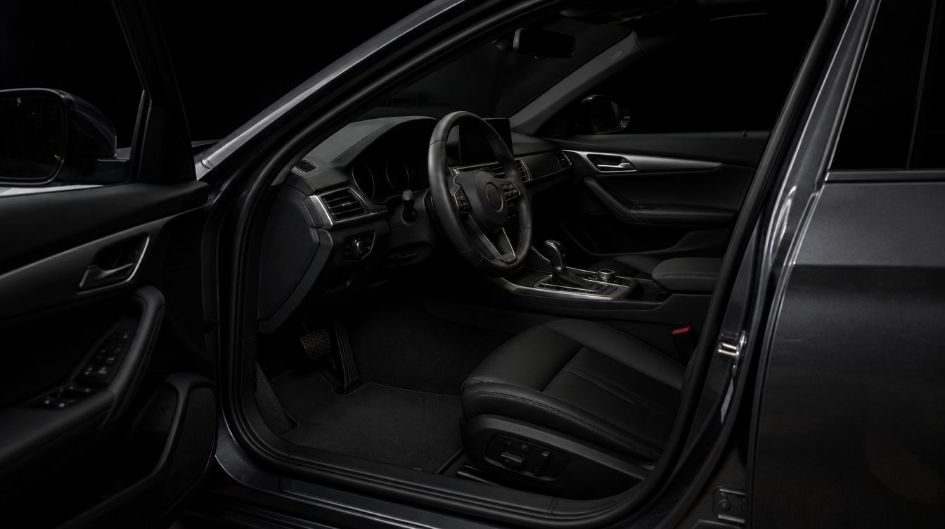 The clean driver's seat and dashboard of a dark sedan, seen through the open door