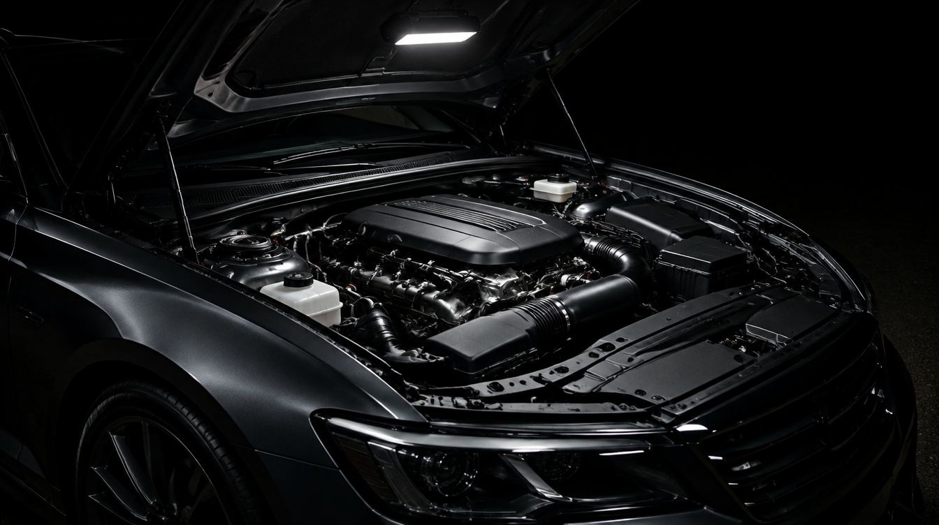 An open hood revealing a spotless, dressed engine bay under a single work light