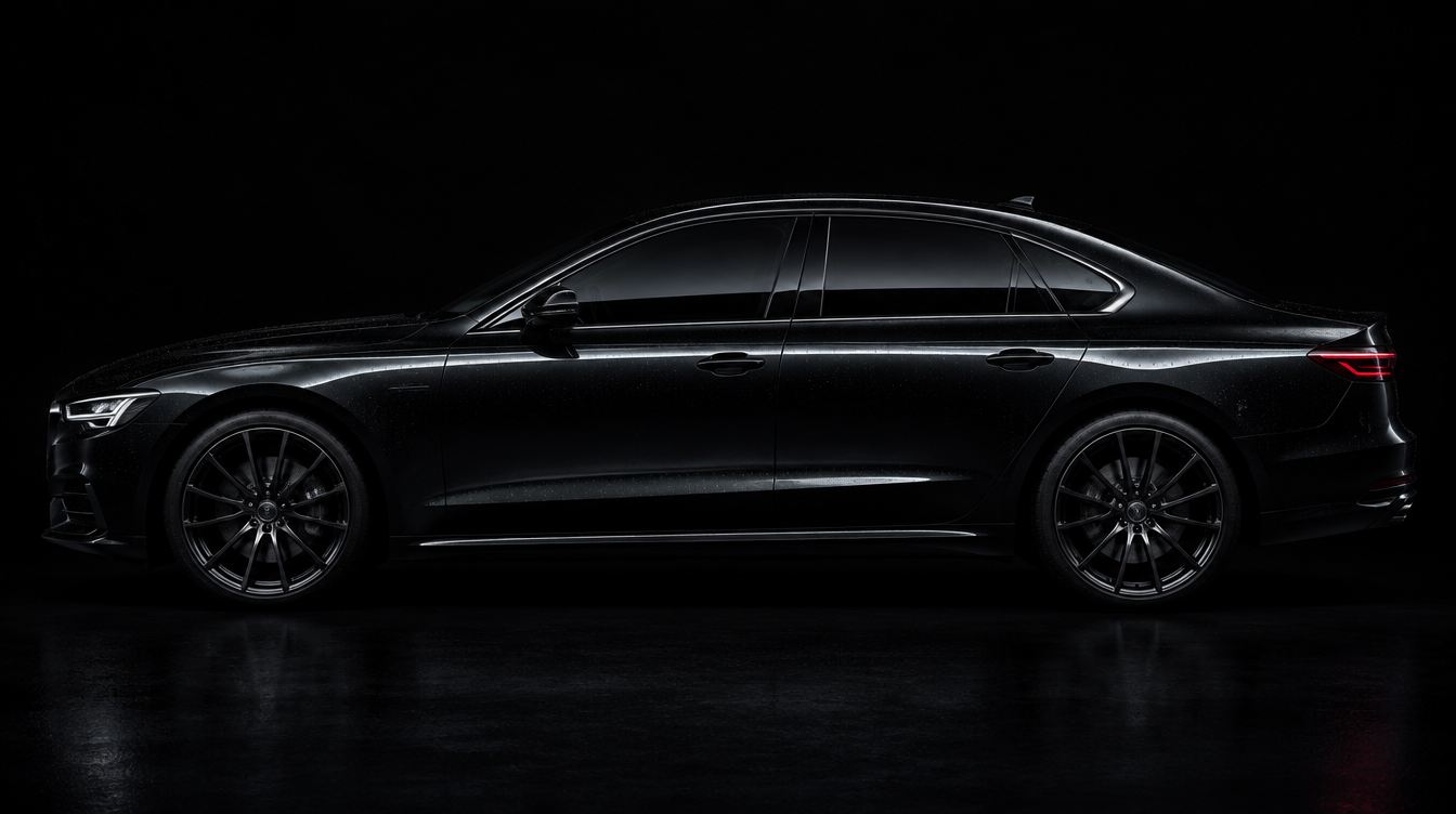 Side profile of a glossy black sedan in a dark studio, water beading on the paint