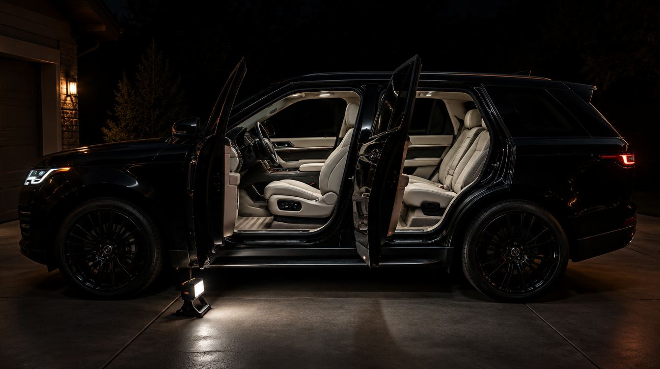 Side profile of a black SUV at night with every door open on spotless cream leather