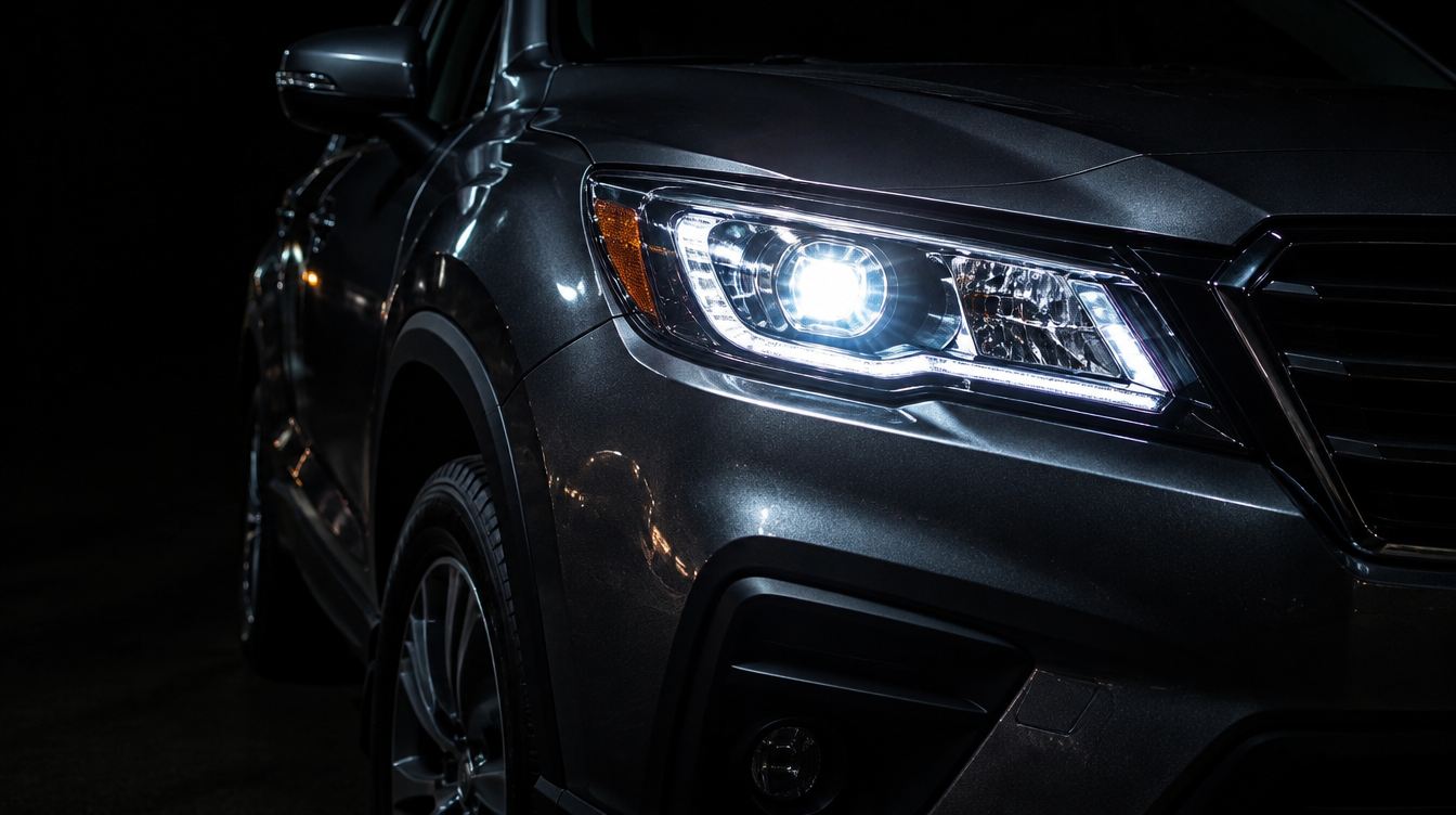 A crystal-clear restored headlight glowing on a dark silver SUV at night