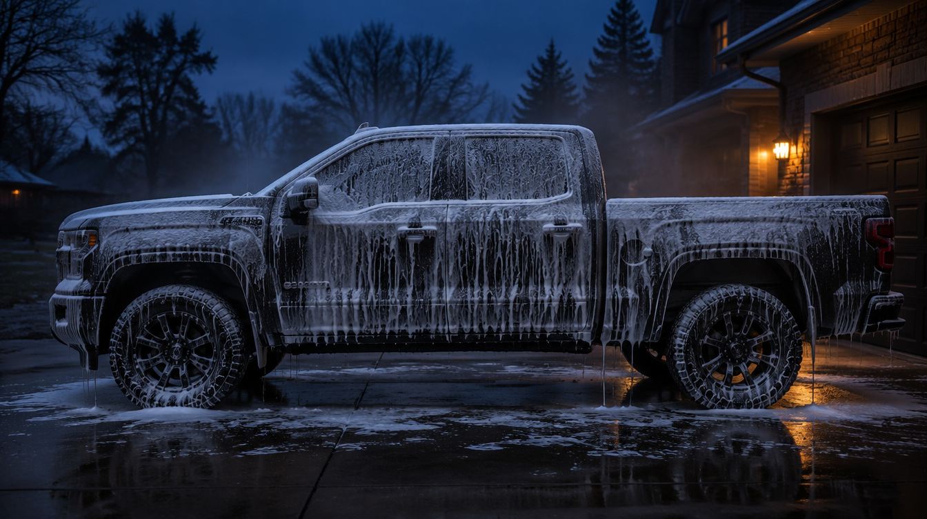 Side profile of a charcoal pickup truck covered in snow foam in a driveway at dusk