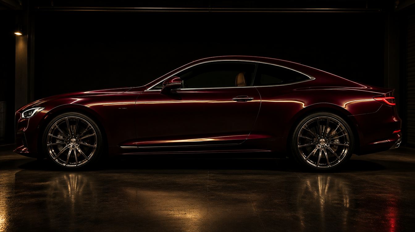 Side profile of a deep burgundy coupe with mirror-polished paint in a dark garage
